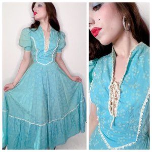 Vintage 70s CottageCore Peasant Maxi Dress S Small Blue Floral Corset Prairie